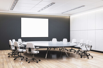 Modern corporate conference room interior with blank poster frame on dark wall and round table surrounded by white chairs on wooden floor. 3D Rendering