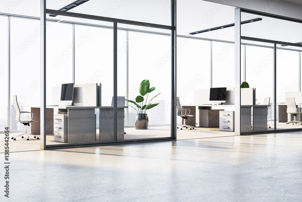 Poster modern glass-partitioned office interior with work desks and chairs in a bright, empty business corr