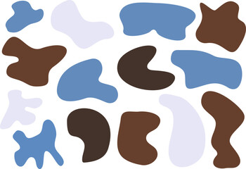 Cool tone abstract shapes, scribbles, blots and doodle figures. Blue, lilac, brown spots