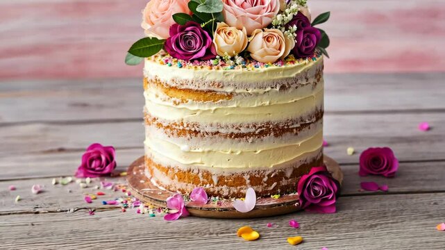 Elegant Naked Cake Topped with Roses and Sprinkles, Celebratory and Beautiful Dessert