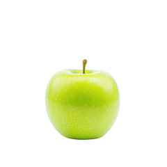 A fresh green apple with a shiny skin, positioned on a white isolated background, emphasizing its vibrant color and healthy appeal.