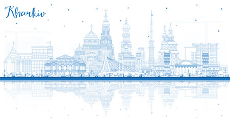 Fototapeta premium Outline Kharkiv Ukraine City Skyline with Blue Buildings and reflections. Kharkiv Cityscape with Landmarks. Business Travel and Tourism Concept with Historic Architecture.