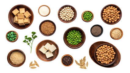 A vibrant collection of soy-based foods showcasing tofu, edamame, soybeans, and various grains in rustic wooden bowls against a clean white background.