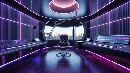 Futuristic Podcast Studio With City View And Professional Audio Equipment Setup