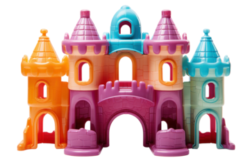 A colorful plastic baby toy in the shape of a fairytale castle Isolated on white background