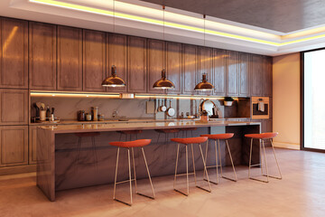 Modern luxury kitchen interior with marble island, wooden cabinets, pendant lighting, and bar stools in contemporary home setting. 3D Rendering