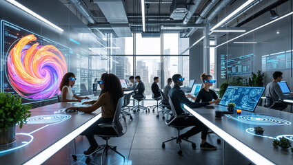 Diverse Team Collaborating In Futuristic Office Using Ar Technology And Interactive Displays