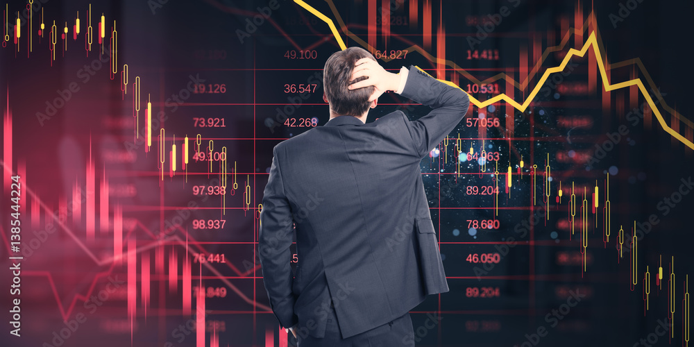 Aufkleber businessman from rear view looking at falling stock chart with red and yellow lines on dark financia