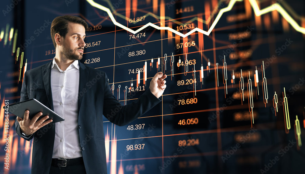Poster businessman analyzing digital stock market graph with tablet in hand on dark background with glowing