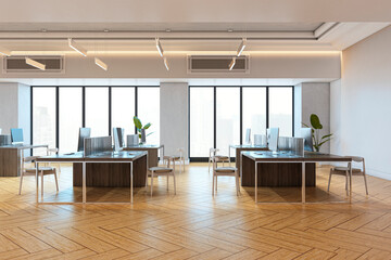 Modern office interior with wooden floor, stylish furniture, large windows, and clean lighting in contemporary workspace setup. 3D Rendering