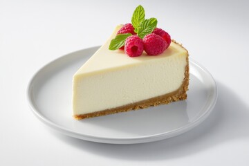 A slice of New York cheesecake topped with fresh raspberries. Featuring indulgence and elegance