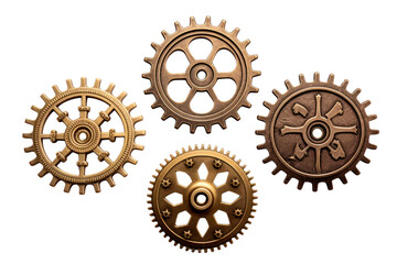Vintage brass cogwheel gear with intricate engravings Isolated on white background