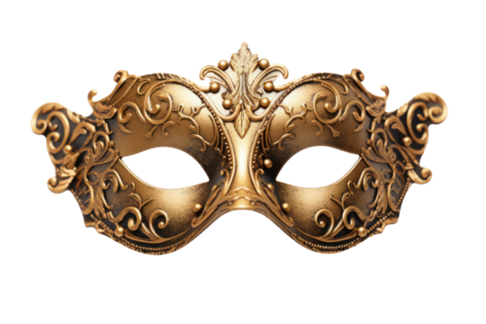 antique-style carnival mask with a distressed gold finish, embossed baroque patterns, Isolated on white background
