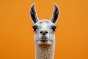 Fototapeta premium Studio photo of a white llama standing out against a bright orange backdrop. The contrast creates a bold and modern visual perfect for fun commercial use. 