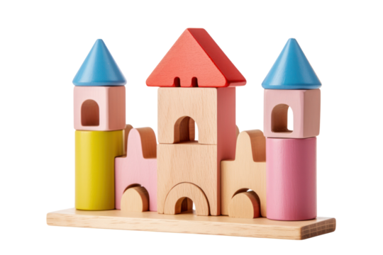 wooden castle-themed baby toy with simple geometric shapes, Isolated on white background