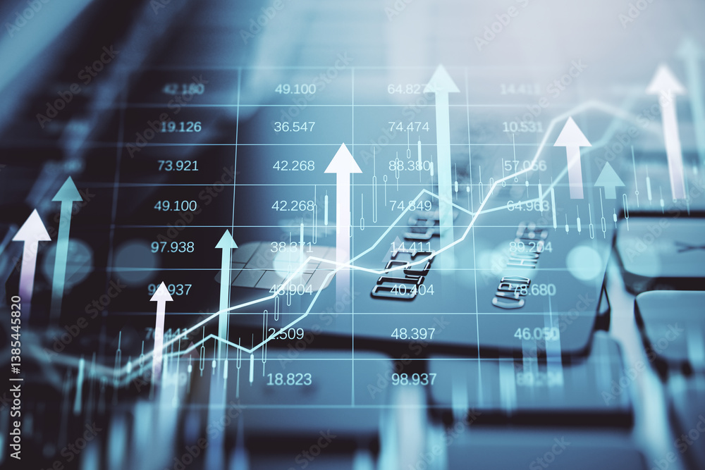 Poster Digital stock market analysis with rising arrow graphs over keyboard and financial data grid on light abstract background. 3D Rendering