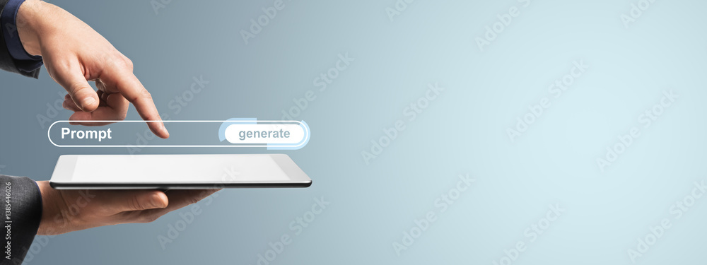Poster Business person using a digital tablet with prompt and generate interface on light background, symbolizing AI-powered online device interaction concept.