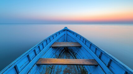 Boat prow view, serene ocean, pastel sky at dawn, blue vessel, peaceful