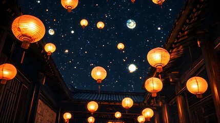 Fototapeta premium Chinese lanterns swaying in the wind in a historic courtyard under a starry night sky with a shining moon