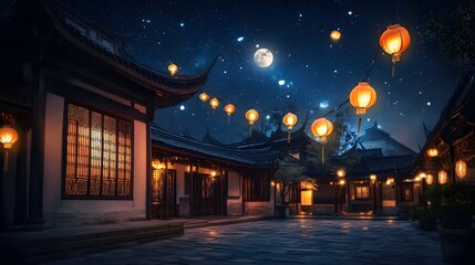 Chinese lanterns swaying in the wind in a historic courtyard under a starry night sky with a shining moon