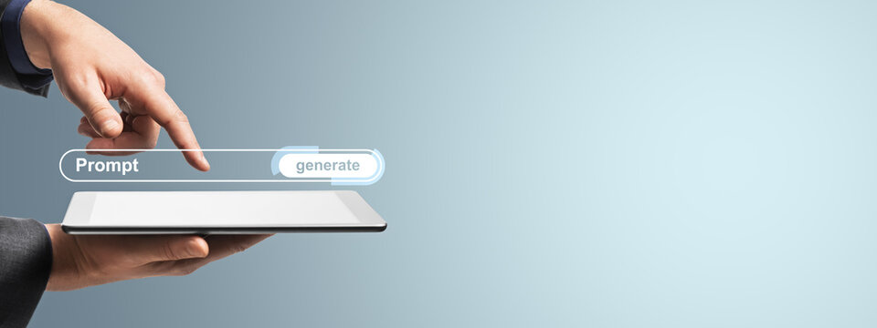 Business person using a digital tablet with prompt and generate interface on light background, symbolizing AI-powered online device interaction concept.