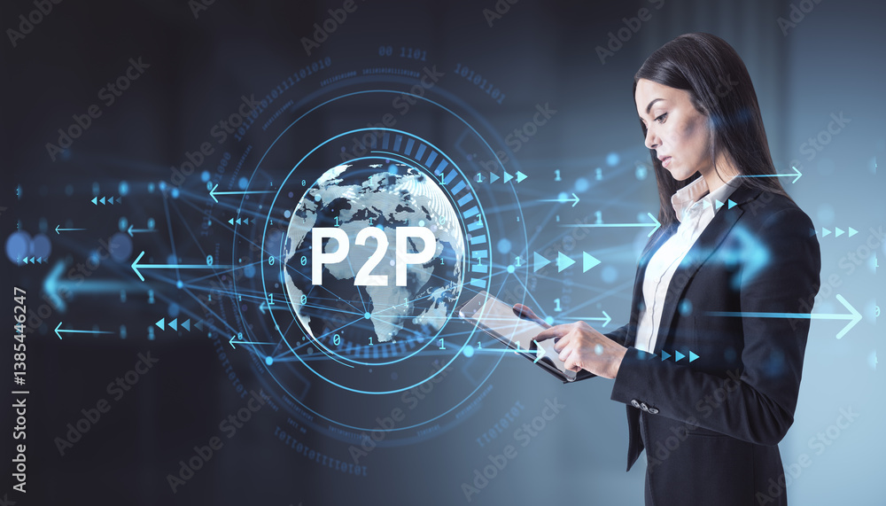 Poster Businesswoman using tablet with P2P hologram network interface on digital global background, symbolizing online technology and data sharing concept.