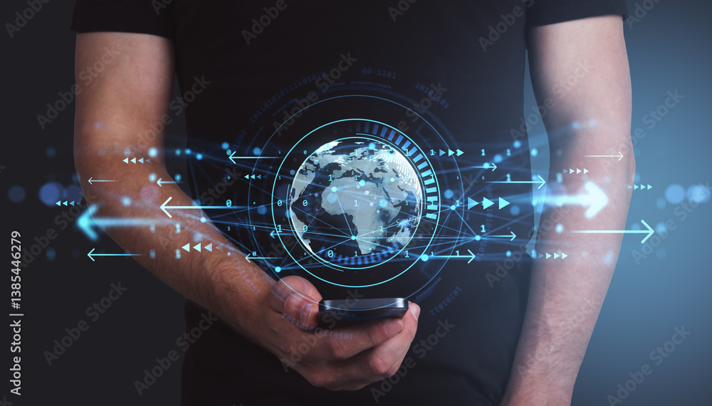Poster person holding smartphone with digital global interface and data flow overlay on dark background, sy