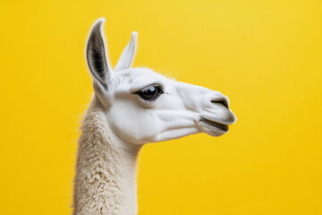 Obraz premium A sharp profile of a llama stands out against a bright yellow backdrop, combining elegance with a pop-art feel and bold visual contrast. 