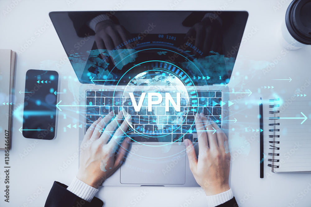 Poster person typing on laptop with vpn hologram overlay, top view on light background illustrating global 