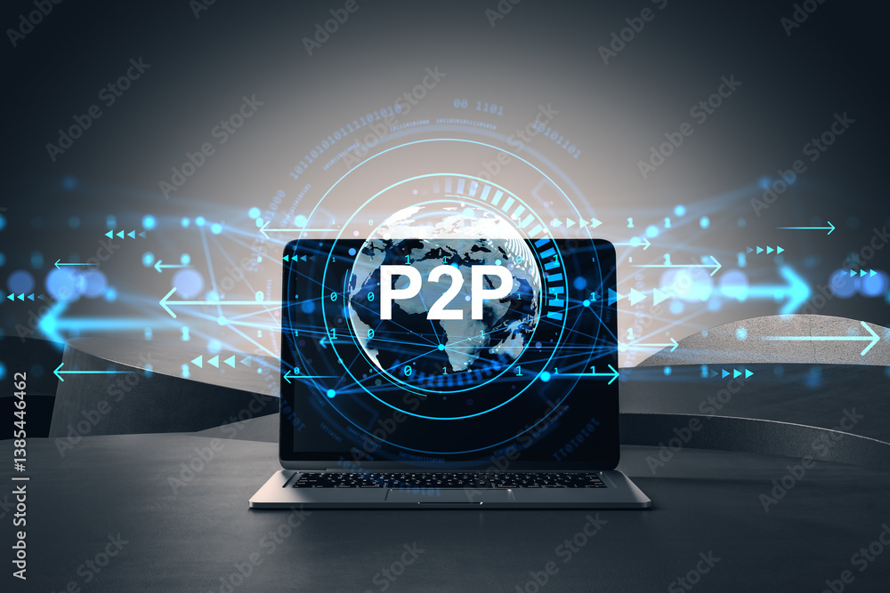 Poster Futuristic digital P2P concept with glowing holographic world map overlay on laptop screen, symbolizing global virtual business network. 3D Rendering