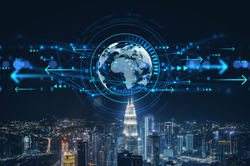Digital global communication network over modern city skyline at night with glowing data flow and futuristic interface elements in blue tones.