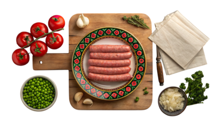 A vibrant plate of succulent sausages ready for a flavorful meal, surrounded by fresh peas, tomatoes, garlic, and herbs on a rustic wooden board with soft lighting.