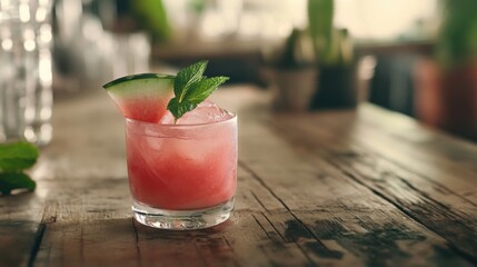 A slice of watermelon with a refreshing mint garnish. Featuring summer and refreshment