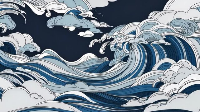 Dynamic animated ocean wave background animation in japanese style with fluffy clouds