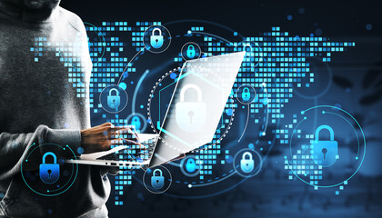Person using laptop with cybersecurity lock icons over digital world map background, symbolizing secure technology and data protection concept.