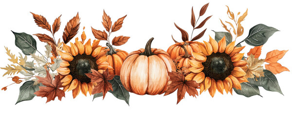 Fototapeta premium Autumn Harvest Watercolor Design Featuring Sunflowers Pumpkins and Fall Leaves Perfect for Thanksgiving Decorations