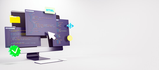 3D rendering of computer monitor with floating HTML, JavaScript, and programming interface elements...