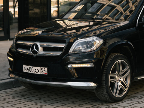 Novosibirsk, Russia -  March  23, 2024: Mercedes-Benz GL-class,  car with clear light headlight, bumper,  foglights
