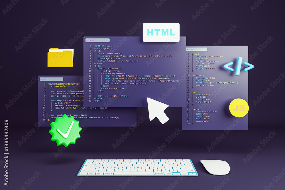 Leinwandbilder Floating programming code interface with HTML, CSS, JS elements and UI symbols on dark background for web development and online learning concept. 3D Rendering