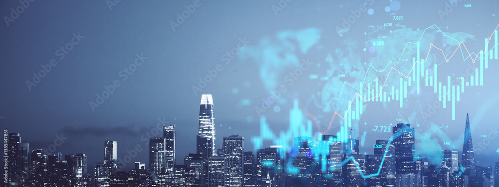 Poster Modern city skyline with digital financial graph overlay and glowing holographic data elements in abstract double exposure style at night.