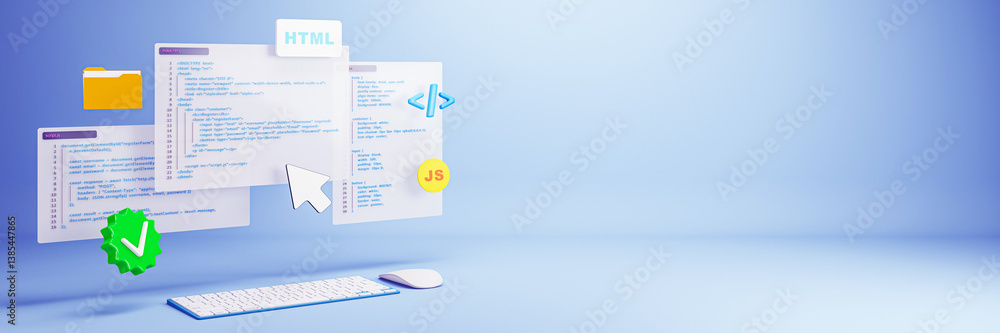 Poster HTML and JavaScript code interface with keyboard and file icons on clean light blue background for software development and web design concept. 3D Rendering