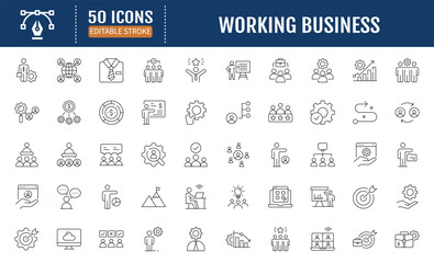 Working business line editable icons set. Containing meeting, businessman, working, teamwork, human resource, leadership and more. Vector Illustration