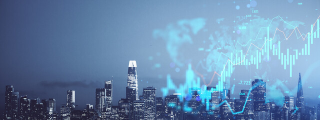 Modern city skyline with digital financial graph overlay and glowing holographic data elements in abstract double exposure style at night.