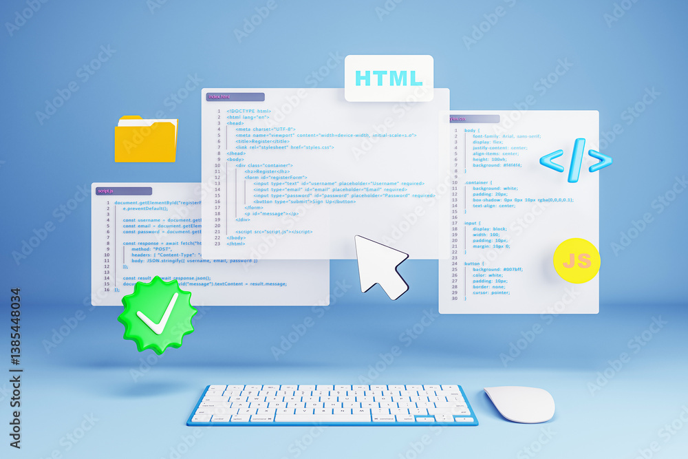 Fototapete Creative 3D rendering of HTML, CSS, and JavaScript code snippets with keyboard and mouse on blue background representing web development concept. 3D Rendering
