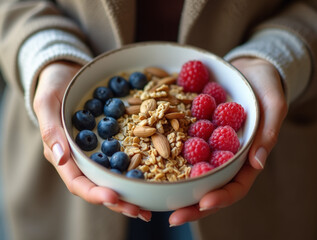 Woman holding breakfast bowl with yogurt, granola, nuts, berries. Healthy and nutritious breakfast rich in protein and vitamins
