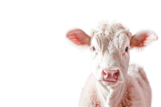 A whimsical design of a cow with fluffy fur, standing in front of a dreamy pink pastel background. The cows ears are perked up, and its eyes have a playful expression.