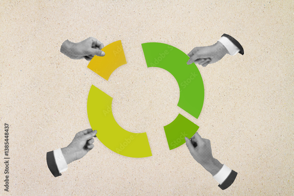 Poster businesspeople assembling colorful circular chart pieces on light background symbolizing teamwork, c