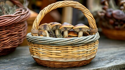 Obraz premium A rustic wicker basket brimming with freshly harvested mushrooms, embodying the essence of autumn's bounty and the beauty of nature's harvest.