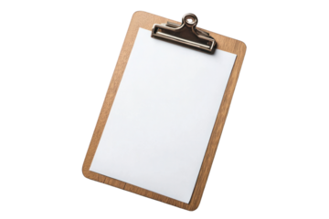 Classic wooden clipboard with a blank paper insert, resting on a clean light grey surface.