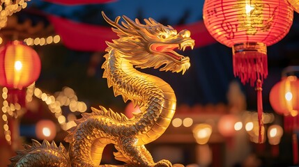 Fototapeta premium Golden dragon statue with intricate details placed between red banners and soft glowing lanterns lighting up the night